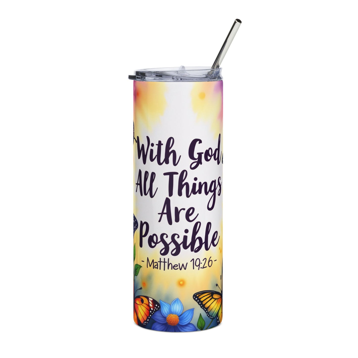 20oz Stainless Tumbler – "With God All Things Are Possible" Butterfly Faith Travel Cup