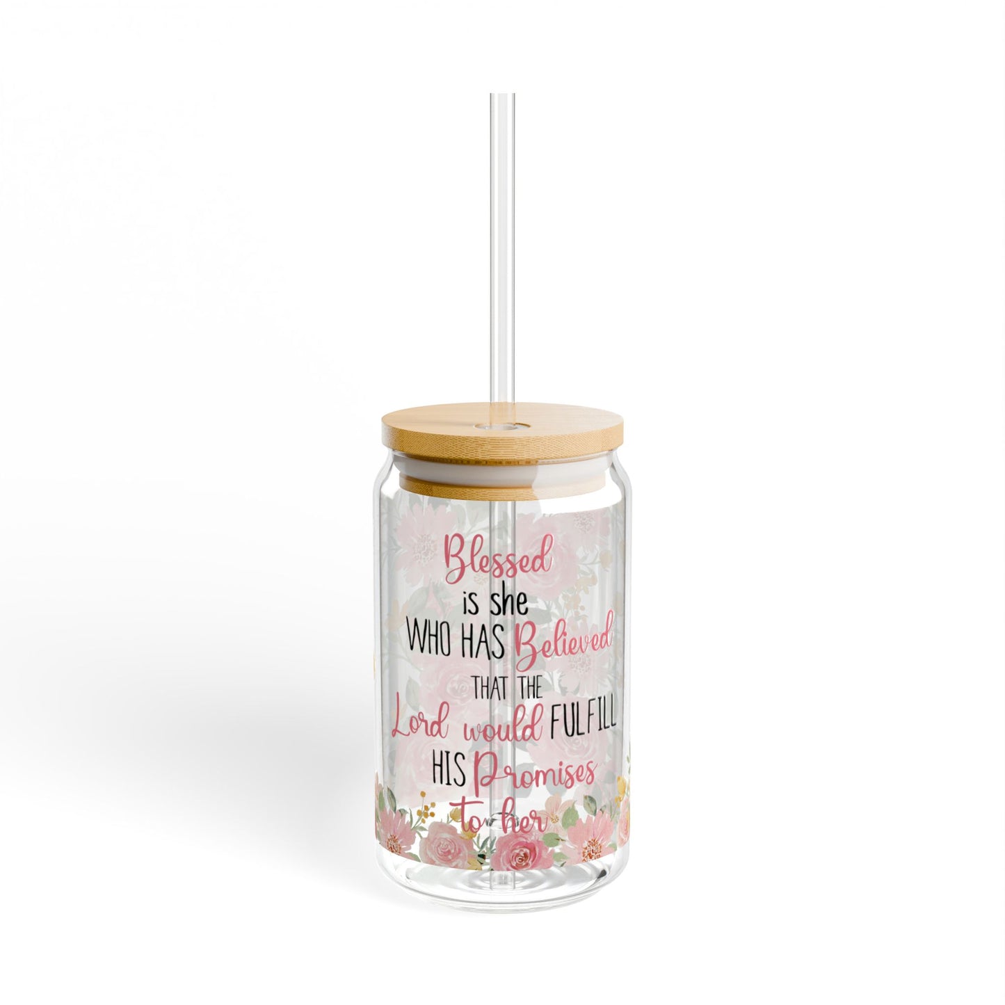 Blessed Is She Floral Sipper Glass - 16oz Inspirational Christian Drinkware