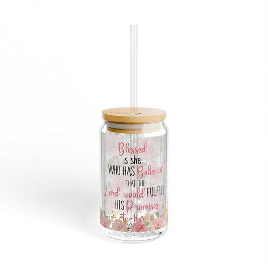 Blessed Is She Floral Sipper Glass - 16oz Inspirational Christian Drinkware