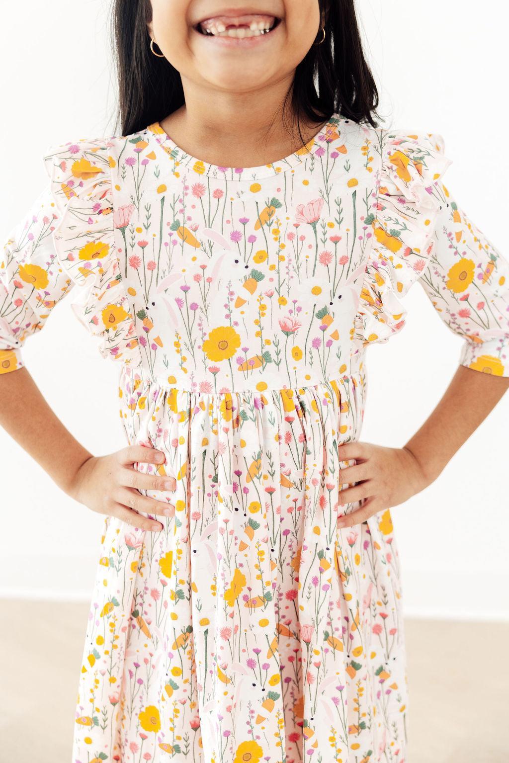 Carrot Cutie 3/4 Sleeve Ruffle Twirl Dress